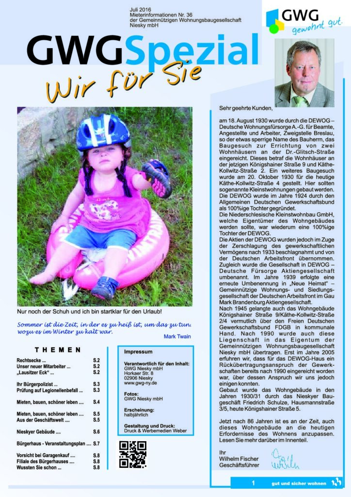 Titelseite: GWG Mieterzeitung Juli 2016